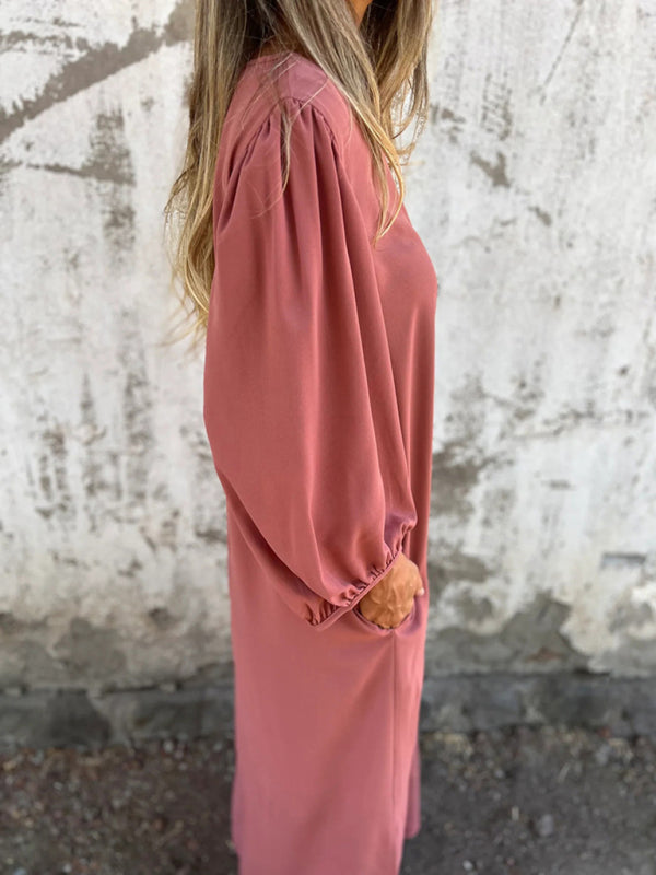 Casual loose V-neck solid color women’s lantern sleeve dress
