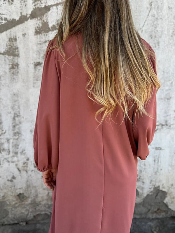 Casual loose V-neck solid color women’s lantern sleeve dress