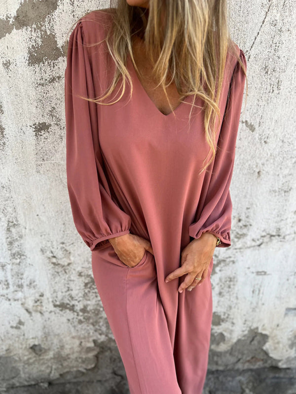 Casual loose V-neck solid color women’s lantern sleeve dress