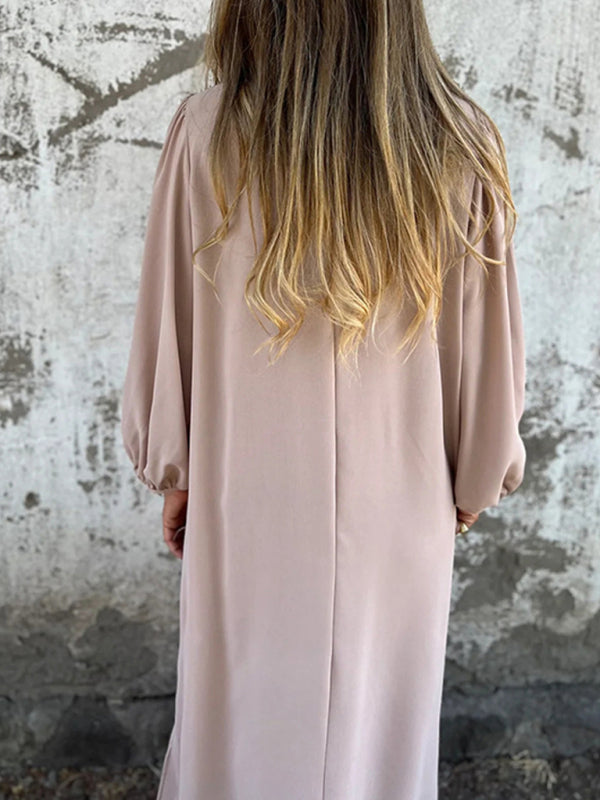 Casual loose V-neck solid color women’s lantern sleeve dress