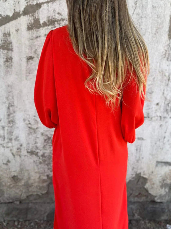 Casual loose V-neck solid color women’s lantern sleeve dress
