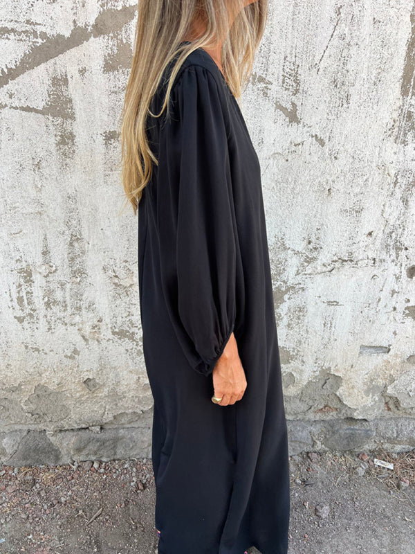 Casual loose V-neck solid color women’s lantern sleeve dress