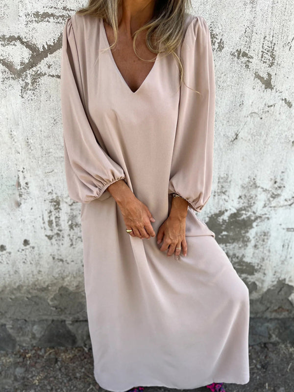 Casual loose V-neck solid color women’s lantern sleeve dress