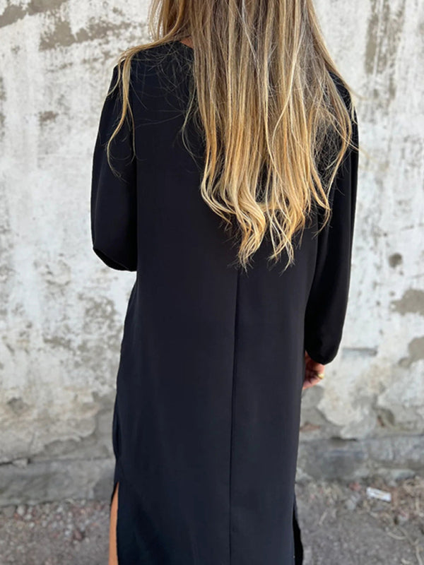 Casual loose V-neck solid color women’s lantern sleeve dress