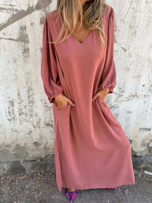 Casual loose V-neck solid color women’s lantern sleeve dress