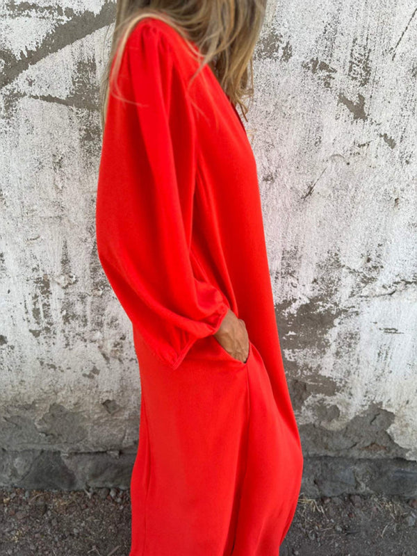 Casual loose V-neck solid color women’s lantern sleeve dress