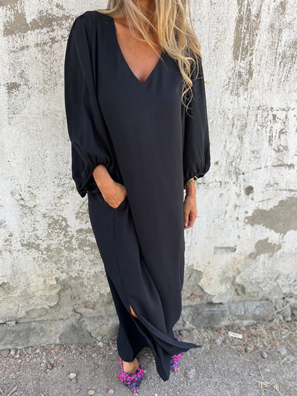 Casual loose V-neck solid color women’s lantern sleeve dress