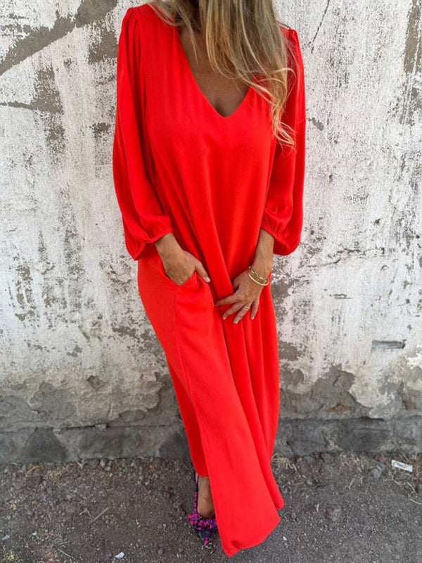 Casual loose V-neck solid color women’s lantern sleeve dress