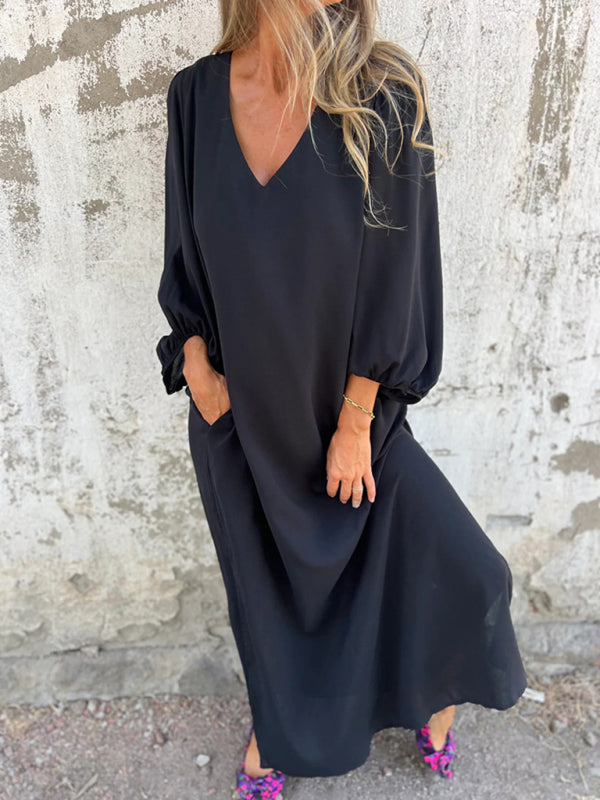Casual loose V-neck solid color women’s lantern sleeve dress