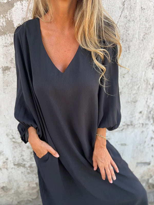Casual loose V-neck solid color women’s lantern sleeve dress - Black / S