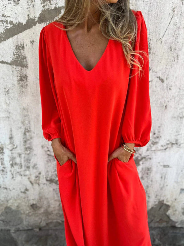 Casual loose V-neck solid color women’s lantern sleeve dress - Orange Red / S