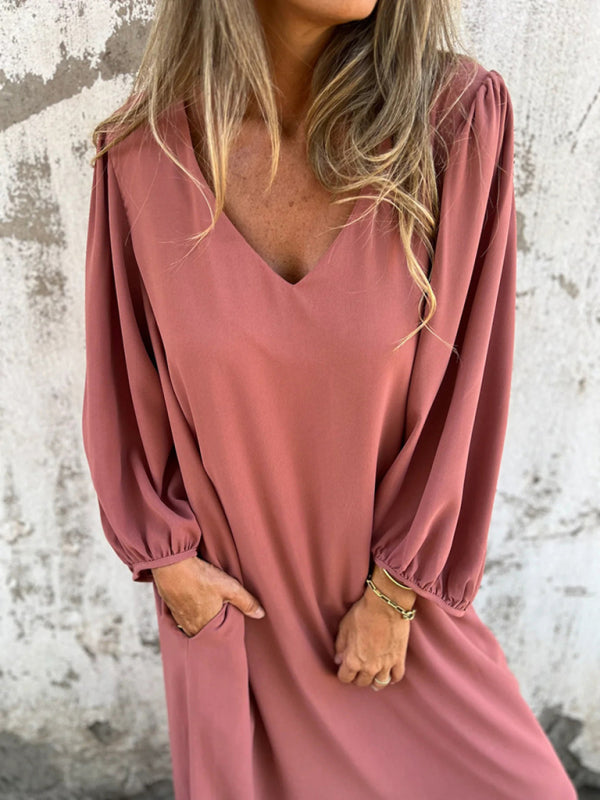 Casual loose V-neck solid color women’s lantern sleeve dress - Pink / S