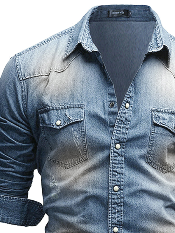 Casual Men’s Double Pocket Men’s Casual Long Sleeve Denim Shirt Jacket