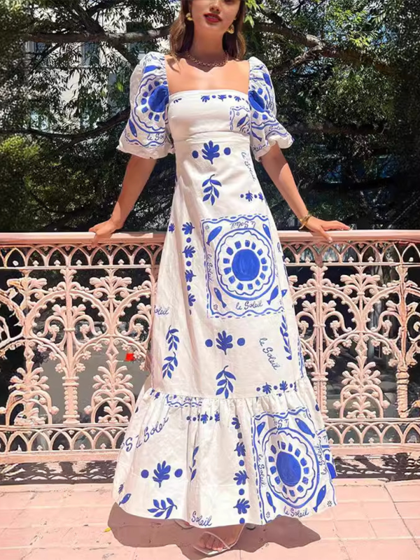 Casual one-shoulder neck printed lantern sleeve slim-fit swing dress - Blue / S