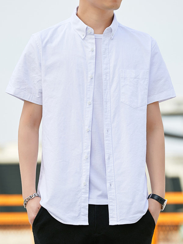 Casual Oxford short-sleeved shirt youthful fashion double pockets - White / S
