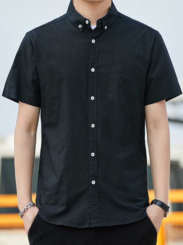 Casual Oxford short-sleeved shirt youthful fashion double pockets - Black / S