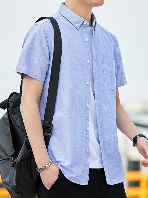 Casual Oxford short-sleeved shirt youthful fashion double pockets - Blue / S