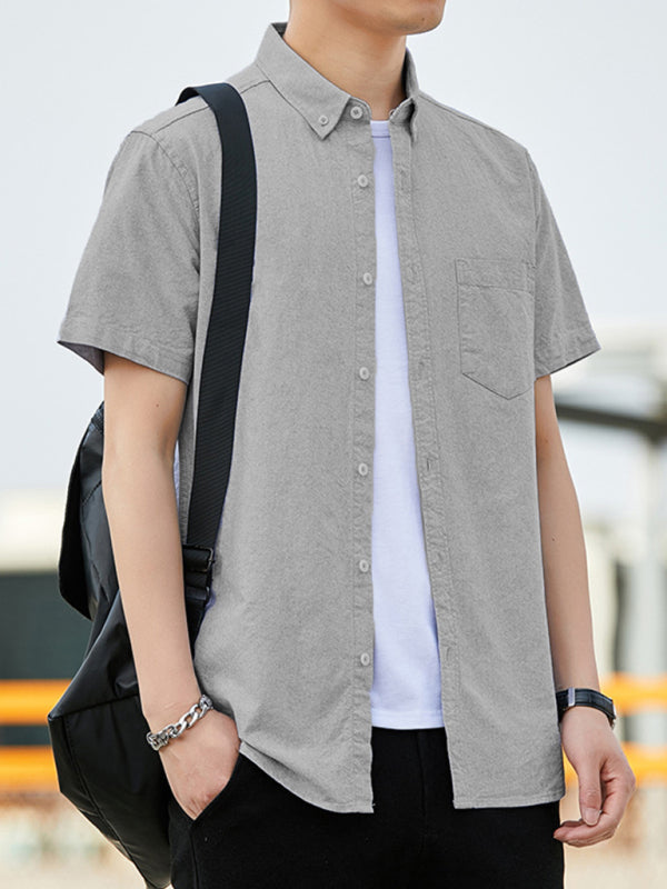 Casual Oxford short-sleeved shirt youthful fashion double pockets - Grey / S