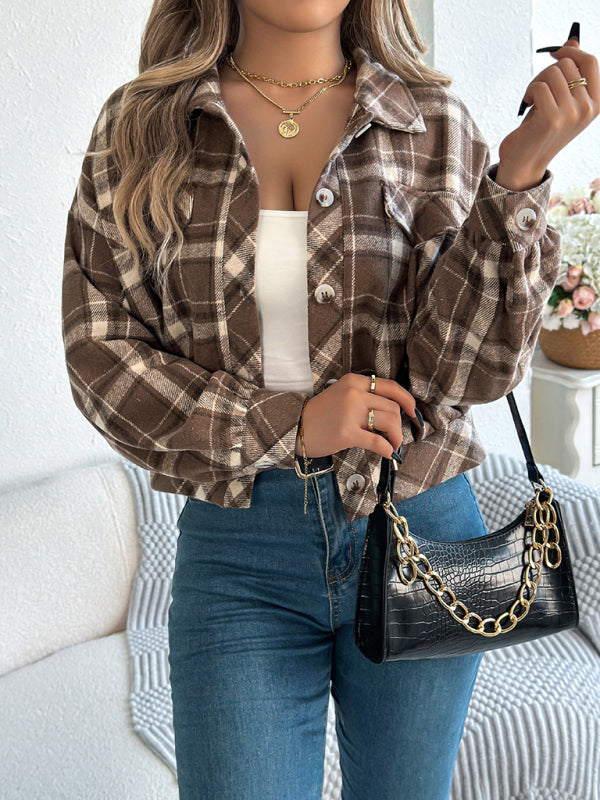 Casual Plaid Long Sleeve Tweed Jacket Coat - Coffee / S