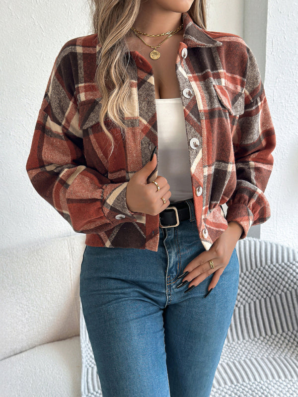 Casual Plaid Long Sleeve Tweed Jacket Coat - Orange / S