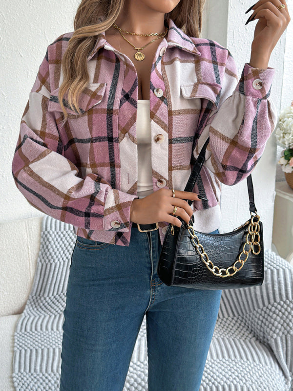 Casual Plaid Long Sleeve Tweed Jacket Coat - Pink / S