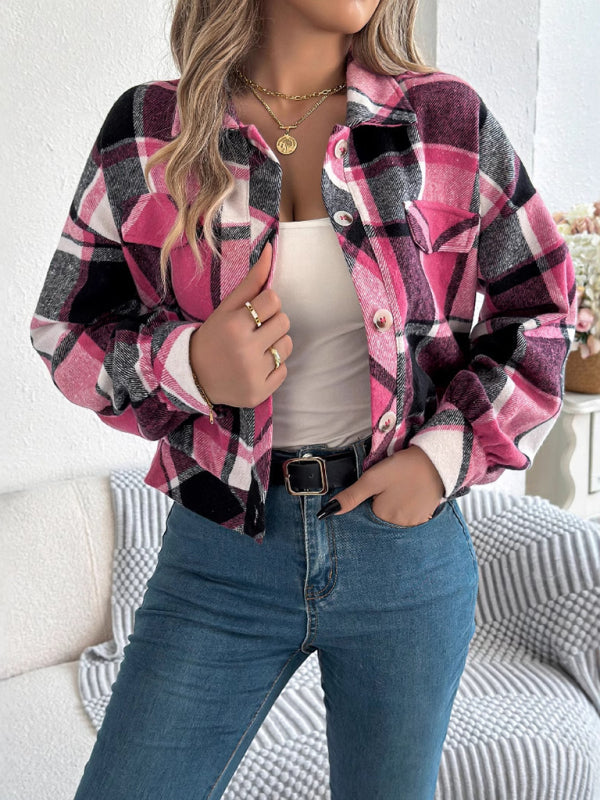 Casual Plaid Long Sleeve Tweed Jacket Coat - Rose / S