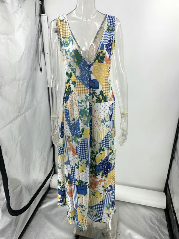 Casual printed women’s sleeveless large V-neck swing dress