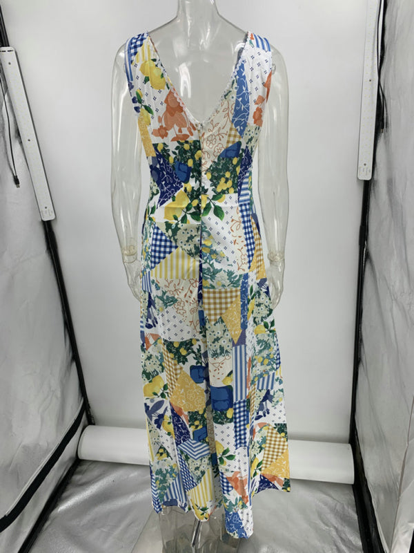 Casual printed women’s sleeveless large V-neck swing dress