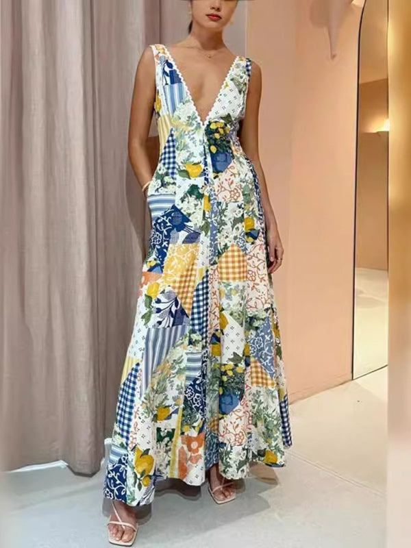 Casual printed women’s sleeveless large V-neck swing dress - Blue / S