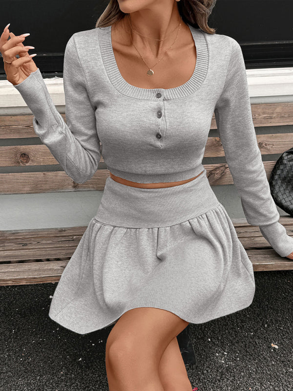 Gray knit two-piece set featuring a round neck short belly-exposed long-sleeved top and matching short skirt