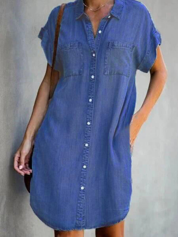 Casual Short-sleeve blue slim-fit denim midi dress - Dark blue / S