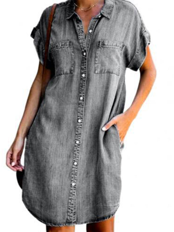 Casual Short-sleeve blue slim-fit denim midi dress - Grey / S