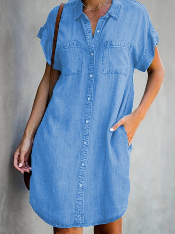 Casual Short-sleeve blue slim-fit denim midi dress - Blue / S