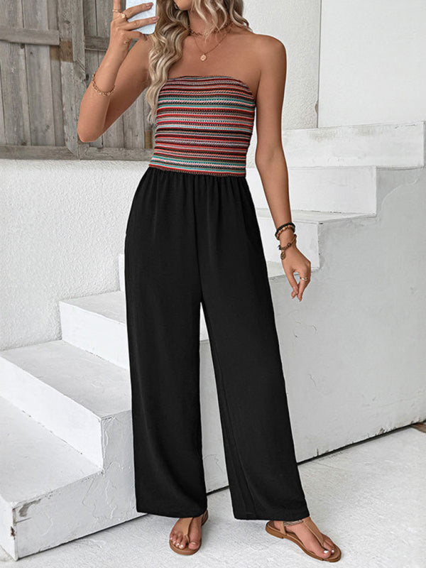 Casual simple jumpsuit with striped tube top and black pants, elastic stitching design
