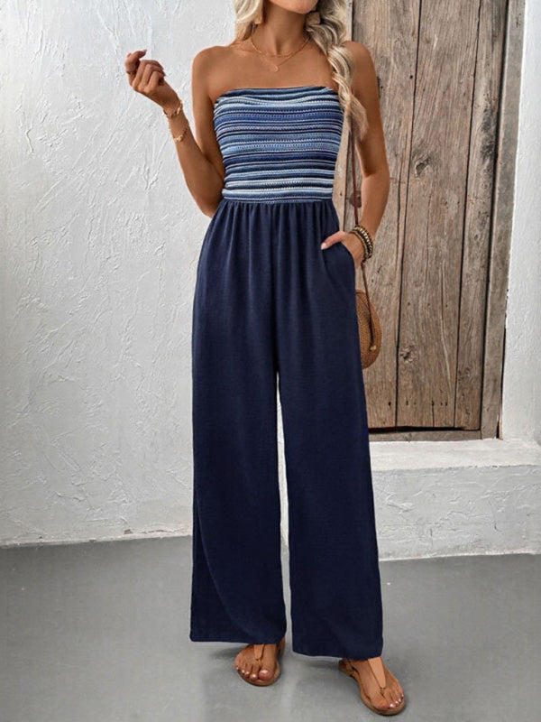 Striped strapless casual jumpsuit with elastic stitching and simple design