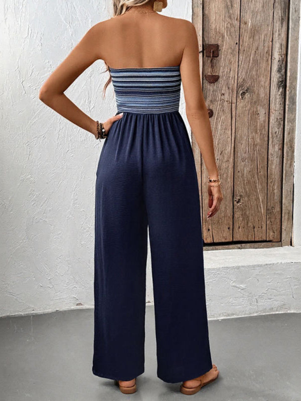 Striped strapless casual jumpsuit with elastic stitching in a simple design