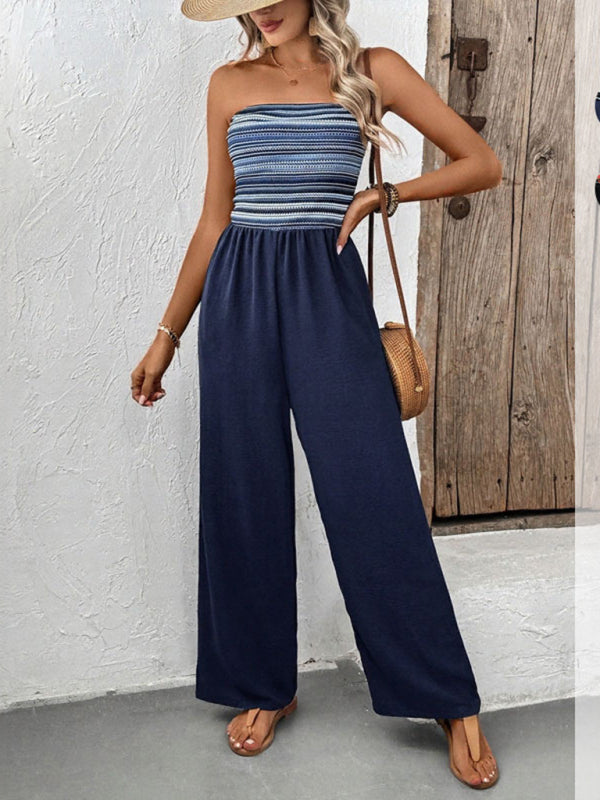 Striped strapless casual jumpsuit with elastic stitching for a simple, stylish look