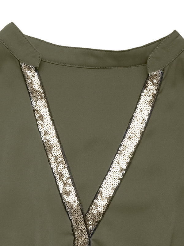 Casual simple sequined V-neck solid color dress