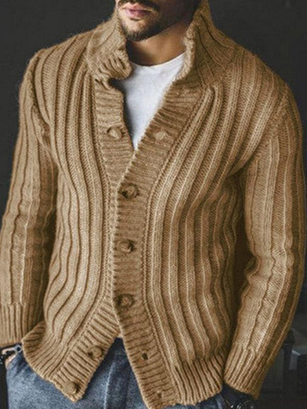 Casual Single Breasted Knit Sweater Lapel Long Sleeve Sweater Jacket Men - Khaki / S