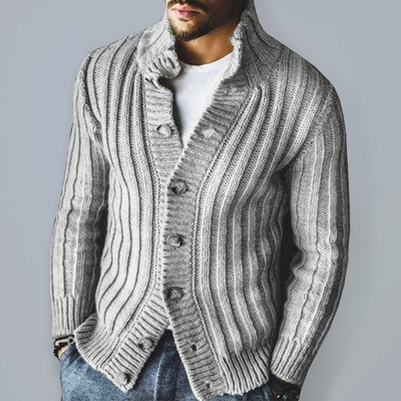 Casual Single Breasted Knit Sweater Lapel Long Sleeve Sweater Jacket Men - Grey / S