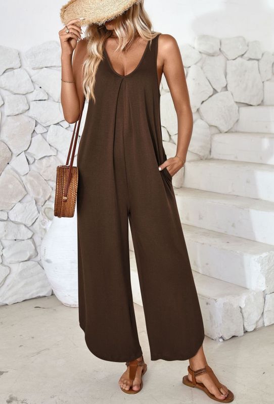 Casual sleeveless V-neck wide-leg jumpsuit with pockets - Coffee / S