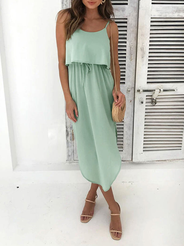 Mint green spaghetti strap dress from Casual solid color irregular slit suspender skirt collection