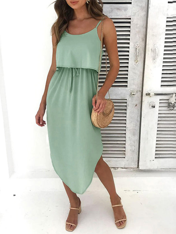 Mint green spaghetti strap dress from Casual solid color irregular slit suspender skirt collection