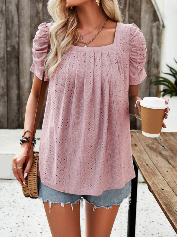 Casual solid color square neck puff sleeve shirt top - Pink / S
