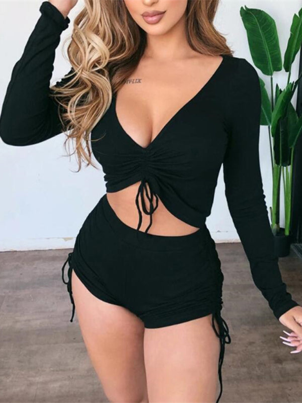 Casual Sports Sexy Suit V Neck Low Cut Casual Drawstring Flannel Shorts Set - Black / XS
