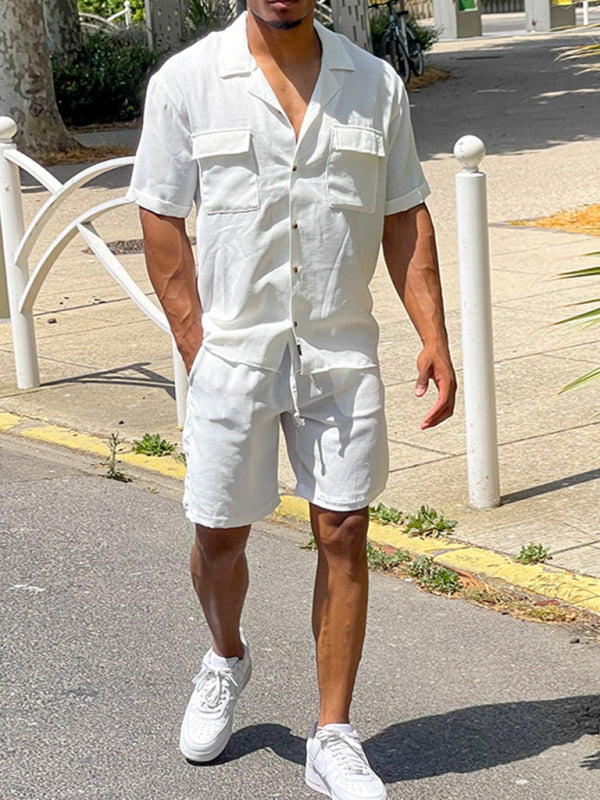 Casual suit men’s wide short-sleeved men’s pants top shirt two-piece set - Cream / M