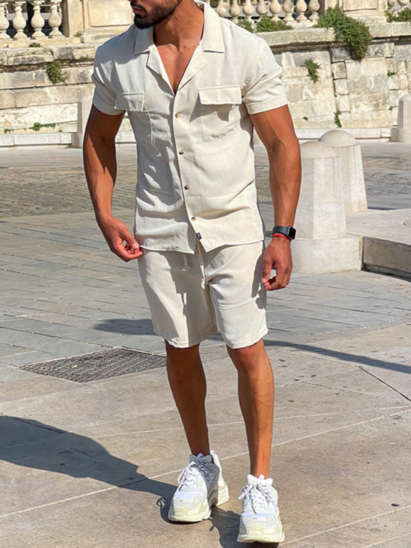 Casual suit men’s wide short-sleeved men’s pants top shirt two-piece set