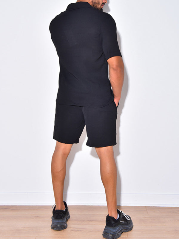 Casual suit men’s wide short-sleeved men’s pants top shirt two-piece set - Black / M