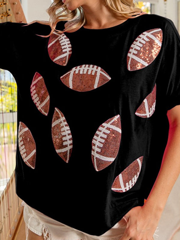 Casual Summer Sequined Rugby Round Neck Pullover T-Shirt Short Sleeve Top - Black / S