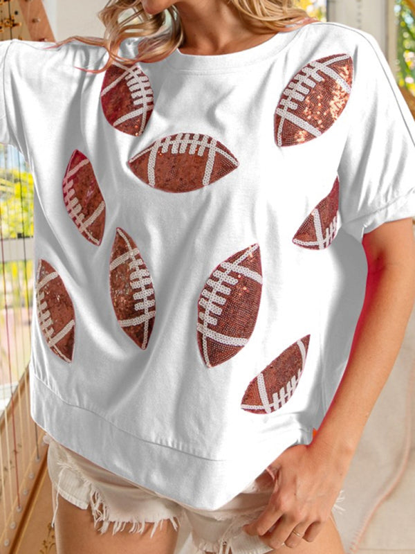 Casual Summer Sequined Rugby Round Neck Pullover T-Shirt Short Sleeve Top - White / S